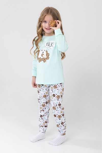 BAYKAR Girls' Cotton Printed Crew Neck Long Sleeve Cuffed Pajamas Set 9232 Aqua Green