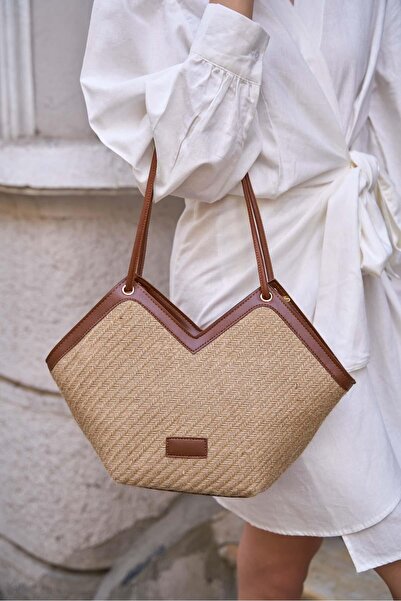 Madamra Dámská kabelka na zip se zipem Tan Straw