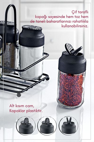 GRİMOR Life Set of 4 Double Covered Glass Spice Jars with Metal Stand - Lenora Salt and Pepper Shakers Spice Set