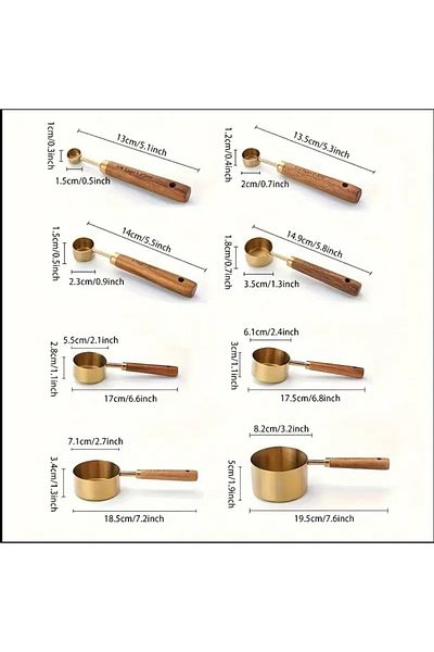 MİMOZA PARK 8-Piece Gold Wooden Handle Measuring Spoon Socket - Handle Measured
