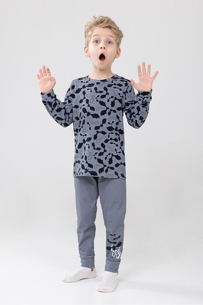 BAYKAR Boys' Cotton Printed Crew Neck Long Sleeve Cuffed Pajamas Set 9605-1 Gray