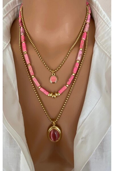 Stone End Women's Necklace with ( 3 NECKLACES ) STEEL CHAIN and Natural Stone Pink Varicose Stone Gold Plated Frame