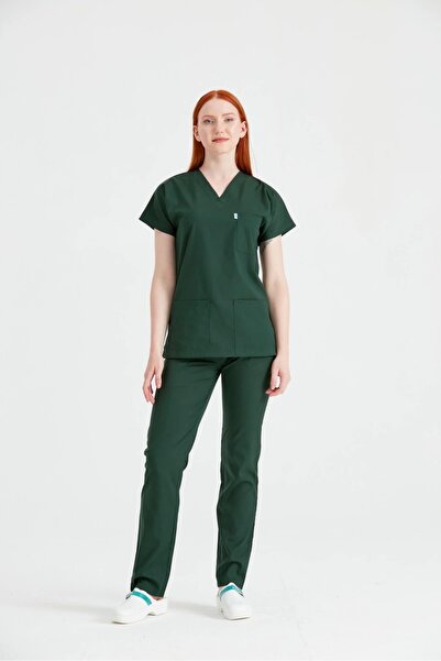 Moodamedikal Haki Yeşili Tek Renkli Likralı Kumaş Cerrahi Takım V Yaka Forma