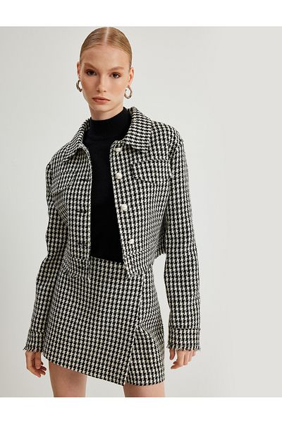 Koton Perlenknopf-Tweed-Crop-Jacke mit Hahnentrittmuster