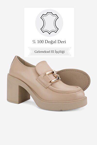 TUNAELLİ KADIN BEJ HAKİKİ DERİ 36-41 NUMARA YÜKSEK TOPUKLU TOKALI LOAFER AYAKKABI