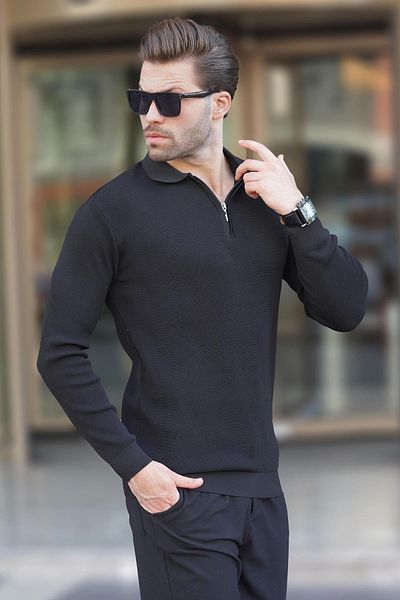 Madmext Men's Polo Collar Zippered Long Sleeve Sweater 7240