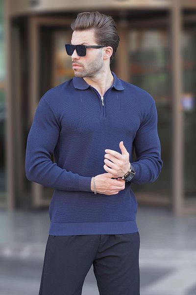 Madmext Ανδρικό πουλόβερ Polo Neck Navy Blue - Μακρυμάνικο με φερμουάρ 7240