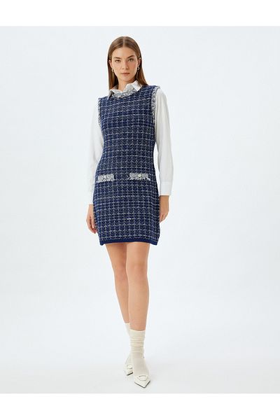 Koton Tweed Mini Gilet Dress Sleeveless Tassel Detailed Applique Detailed