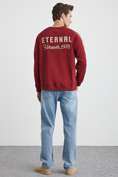 GRIMELANGE Darıus Herren-Sweatshirt mit 3 Fäden, normaler Rückendruck, detaillierter Ärmel, gestreift, weinrot