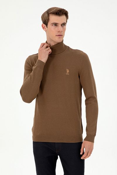 U.S. Polo Assn. Men's Slim Fit High Collar Khaki Melange Basic Sweater 50288884-Vr125