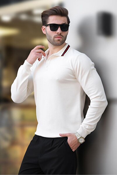 Madmext Beyaz Polo Yaka Düğmeli Uzun Kollu Kazak 7269