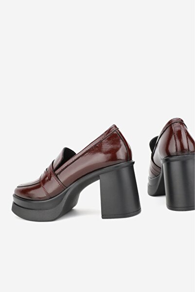 TUNAELLİ Women's Claret Red Patent Leather Genuine Leather High Heeled Platform Loafer Shoes