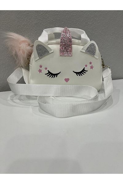 ErcanBag Geantă albă pentru copii, geantă de umăr și de mână pentru fete cu pompon