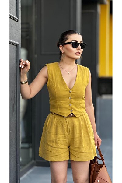 Oslove 100% Raw Linen and Cotton Lined Mustard Vest