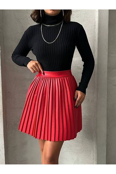 POZİGİ Pleated Faux Leather Mini Skirt
