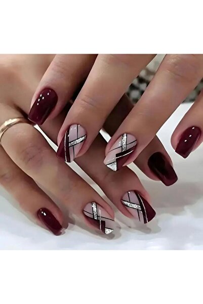 miatamer 24 Adet Kısa Kare Karışık Renk Sistemi Takma Tırnak Seti , Çizgili Simli Desen, Parlak