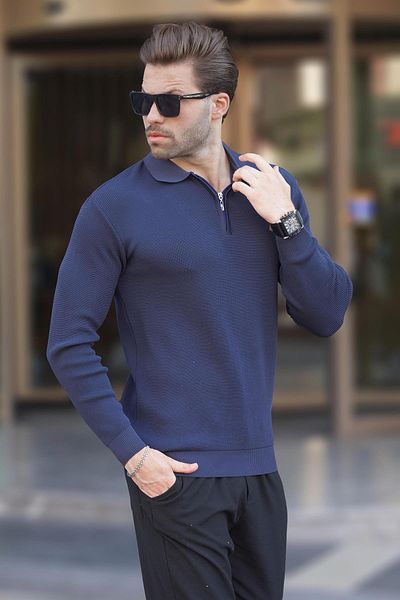 Madmext Ανδρικό πουλόβερ Polo Neck Navy Blue - Μακρυμάνικο με φερμουάρ 7240