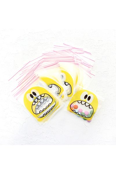 Bimotif Yellow Monster Patterned Transparent Bag with Tape, 10x15 Cm 100 Pieces