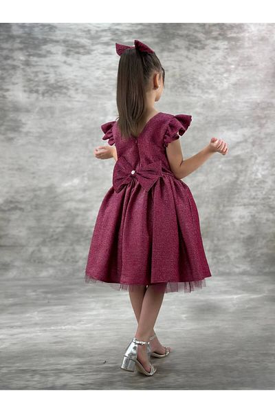 defada Rochie elegantă de culoare cireș pentru fetiță cu papion pe spate Rochie cu cataramă cu sclipici Rochie de absolvire pentru ziua de naștere