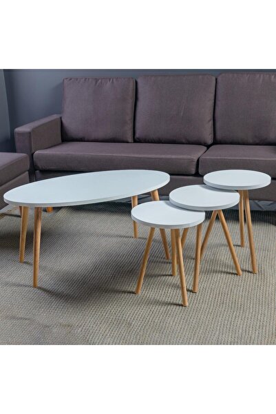 Home Canvas Elips Made In Turkey Modern Coffee Table And Nest Of Three Table Set Wood Legs - White