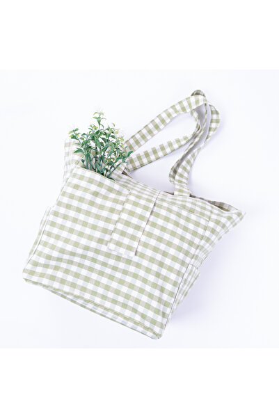Bimotif Woven Gingham Fabric, Velcro Cover Picnic Bag 35x51x22 Cm Green