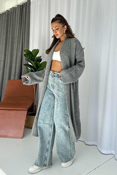 Mine Tan Butik Ζακέτα με μακρύ πλεκτό γιακά σάλι - Γκρι