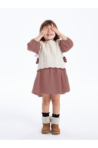 Minigimin Cicileri My Mini's Flowers Knitwear Suede Girls' Linen Dress - Dried Rose