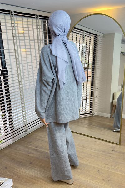 Salih Çelebi 7113 Stripe Pattern Knitwear Set - Gray