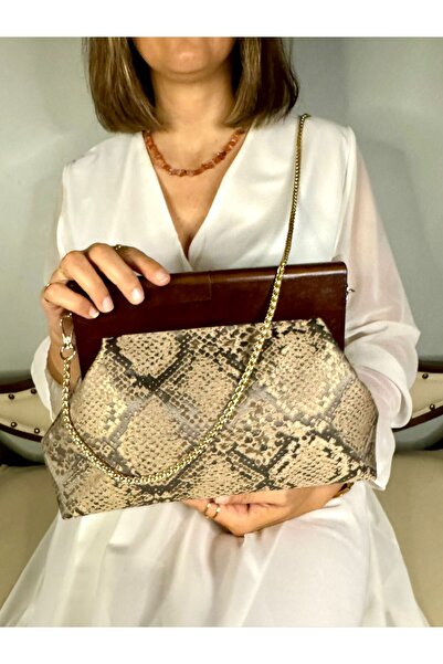 JOPHIEL Bahram Petite - Zincirli, Ahşap Burslu Kumaş Çanta, Clutch, El Çantası, Kol Çantası, Omuz Çantası