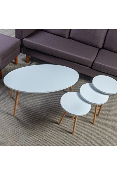 Home Canvas Elips Made In Turkey Modern Coffee Table And Nest Of Three Table Set Wood Legs - White