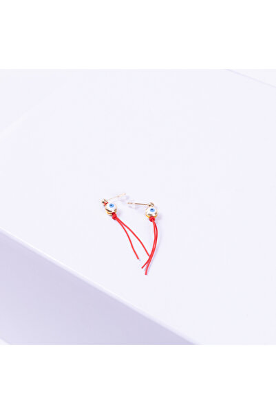 Bimotif Altın Kaplama Nazar Boncuklu, Kırmızı Ipli Vidalı Saplama Küpe