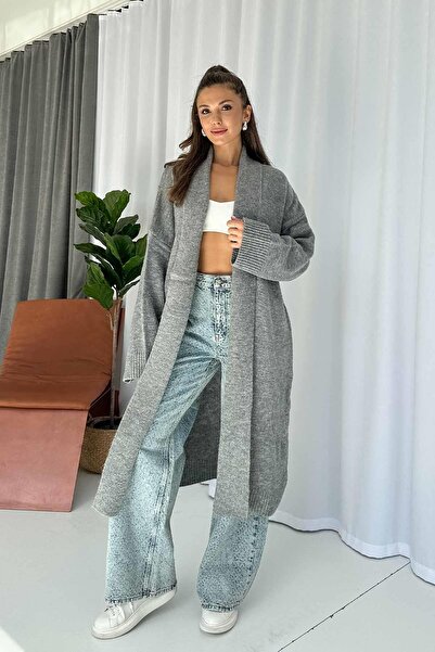 Mine Tan Butik Ζακέτα με μακρύ πλεκτό γιακά σάλι - Γκρι