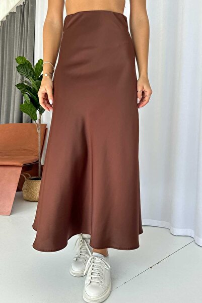 Mine Tan Butik Fusta lungă de damă din satin - maro