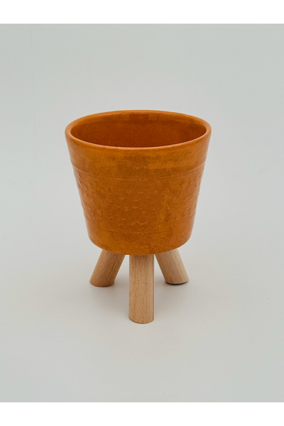 ELİOSA Seramik Ahşap Ayaklı Kaktüs Saksısı 10 cm