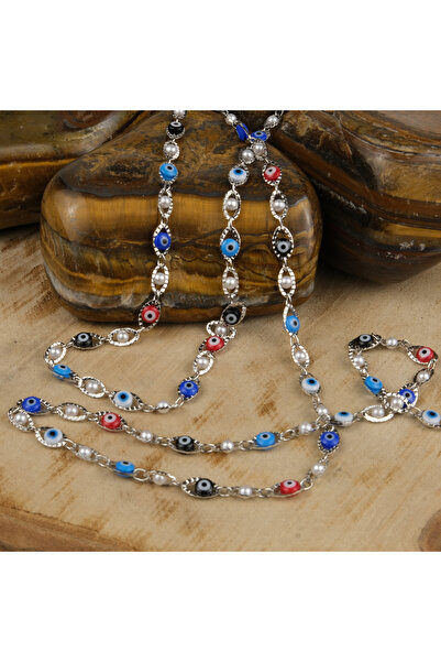 Prestij Boncuk Lanț cu perle și mărgele de ochi rău de culoare argintie pentr...