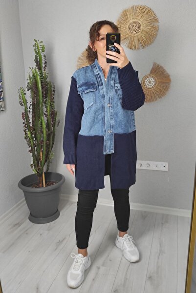 lady special Γυναικείο Πλεκτό Λεπτομερές Μακρύ Τζιν Παλτό