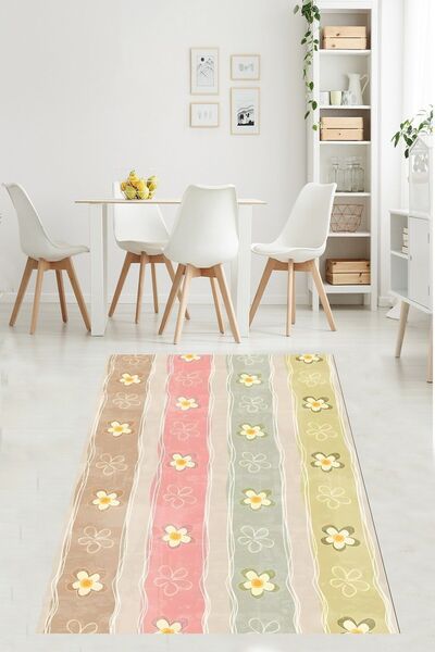 uygun dekor Pastel Renk Bloklu Papatya Dökümlü Yıkanabilir Kaymaz Taban Leke ...