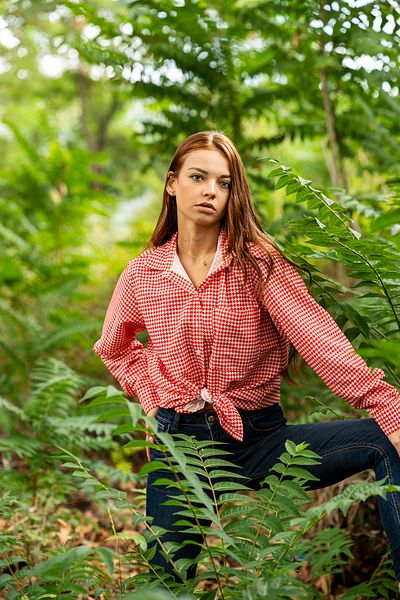 VerdeBlanco Red Relax Shirt - Long Sleeve, Digital Printed Houndstooth Pattern