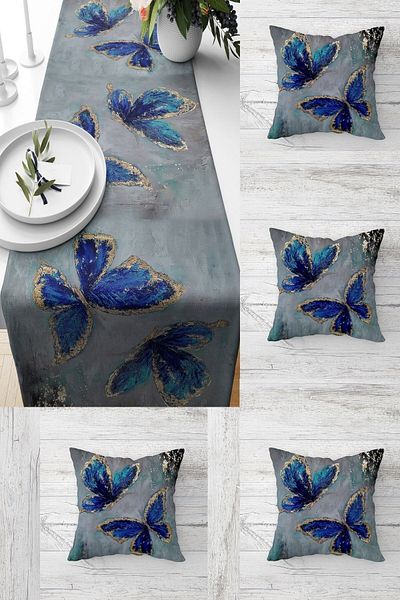 on the clouds Blue Butterfly Vintage Τραπέζι Διαφορετικά Μοντέλα Διακοσμητικό Σετ με 4 Μαξιλαροθήκες