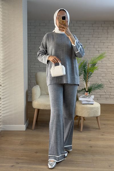Salih Çelebi 7114 Stripe Detailed Knitwear Set - Gray