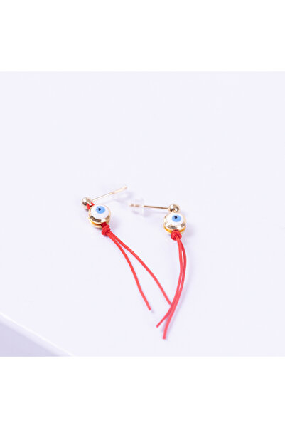 Bimotif Altın Kaplama Nazar Boncuklu, Kırmızı Ipli Vidalı Saplama Küpe