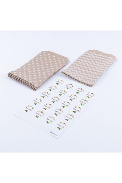 Bimotif 20 Pieces of Polka Dot and Zigzag Patterned Paper Bag - Floral Happy New Year Stickers (18x30 cm)