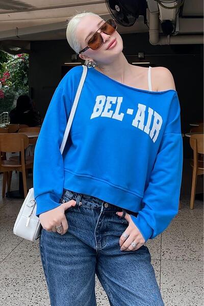 Madmext Saks Kayık Yaka Baskılı Kadın Sweatshirt MG2205