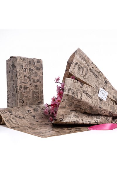 Bimotif Vintage Newspaper Patterned Kraft-Black Pack Paper - 70X100 cm 20 Pieces