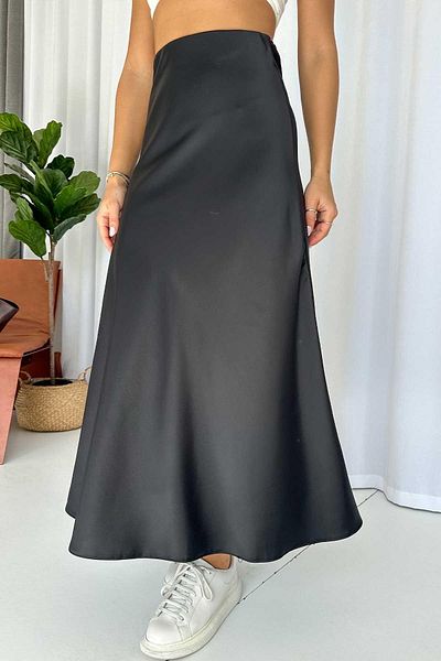 Mine Tan Butik Fusta lungă de damă din satin - neagră