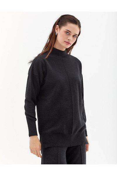 Kayra Black Knitwear Tunic - with Stitching Detail