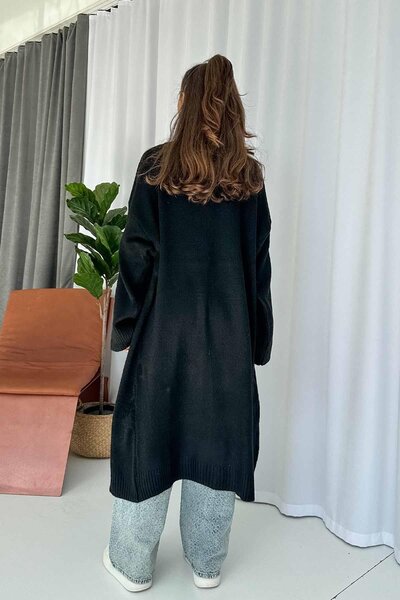 Mine Tan Butik Shawl Collar Long Knitwear Cardigan - Black