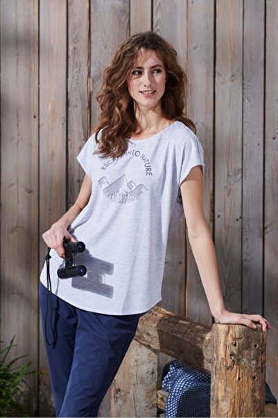 Tchibo تي شيرت نسائي برسومات جرافيكية بأكمام قصيرة ورقبة دائرية، رمادي