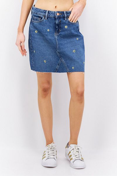 Esprit Women Washed Embroided Denim Skirts, Blue