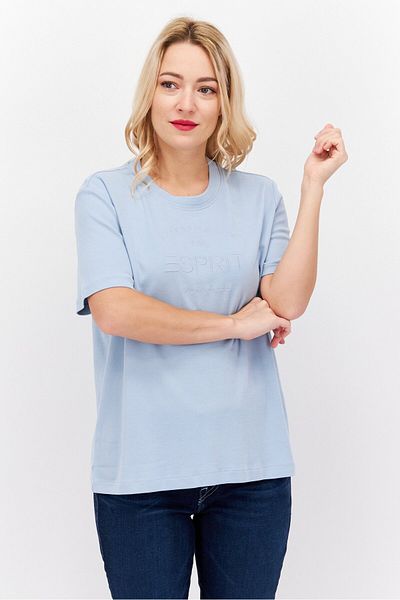 Esprit Women Crew Neck Short Sleeve Brand Logo T-shirt, Light Blue